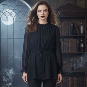 Disturbia Gothic Pleated Blouse with Sheer Sleeves Size 6
